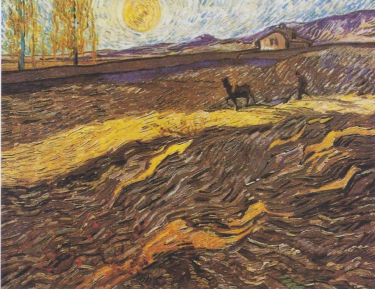 Vincent Van Gogh Field with plowing farmers oil painting picture